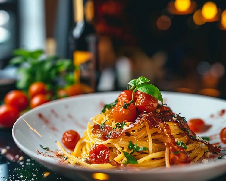 Tomato Bacon Pasta Recipe in 30-Minute 3 Creamy Tomato Bacon Pasta on plate
