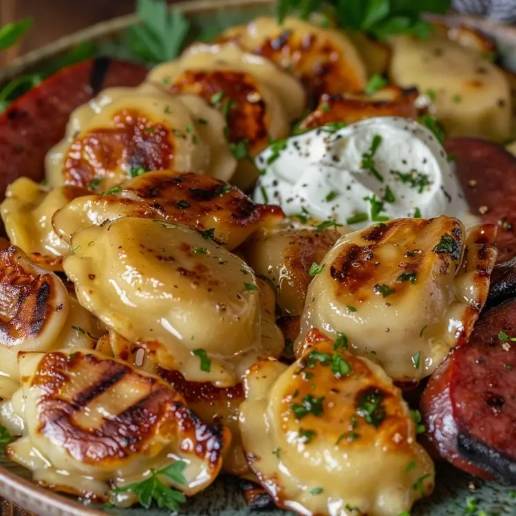 Grilled Pierogies and Kielbasa Recipe 2 Grilled pierogi on a table