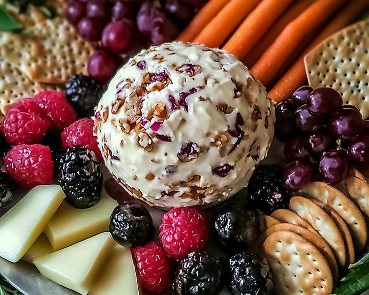 Cranberry Pecan Cream Cheese Ball Recipe 3 A beautifully styled serving platter featuring the Cranberry Pecan Cream Cheese Ball surrounded by an assortment of colorful crackers, fresh fruits, and vegetable sticks..webp