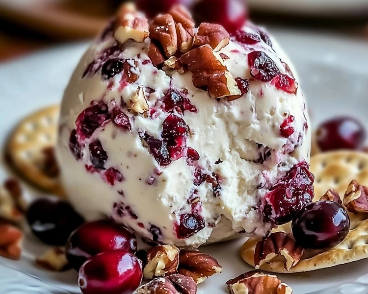 Cranberry Pecan Cream Cheese Ball Recipe 2 Cranberry Pecan Cream Cheese Ball being sliced or spread onto a cracker, showcasing the creamy texture and bits of cranberries and pecans.