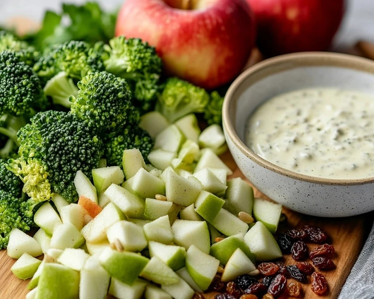 Apple Honeycrisp Broccoli Salad Recipe 3 diced Honeycrisp apples, freshly cut broccoli florets, raisins, sunflower seeds, and a bowl of creamy dressing
