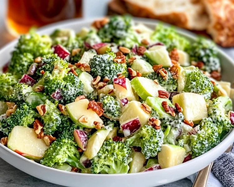 Apple Honeycrisp Broccoli Salad Recipe 4 Beautifully plated Apple Honeycrisp broccoli salad served on a white plate with a fork on the side.