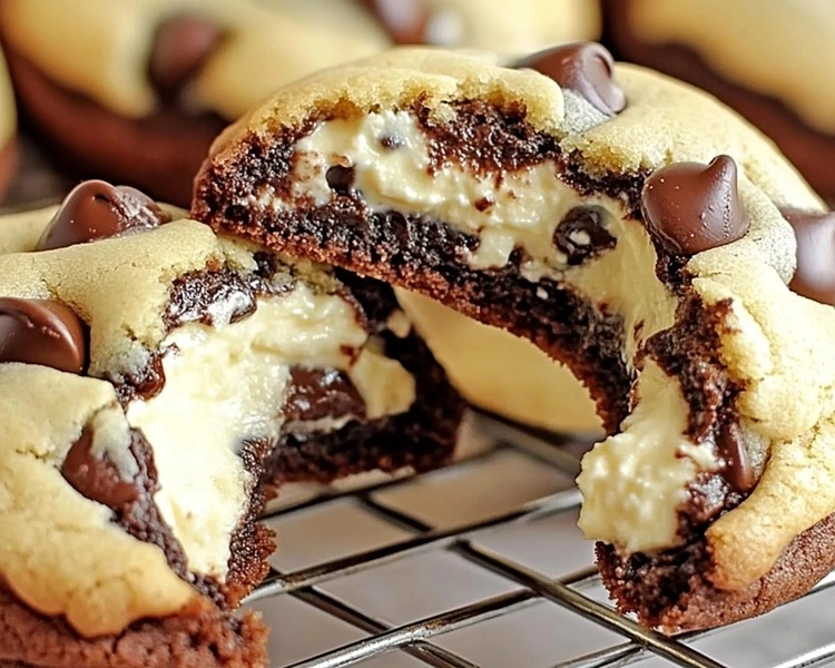 Cheesecake-Stuffed Chocolate Chip Cookies Recipe 4 Cookies Cooling on a Wire Rack
