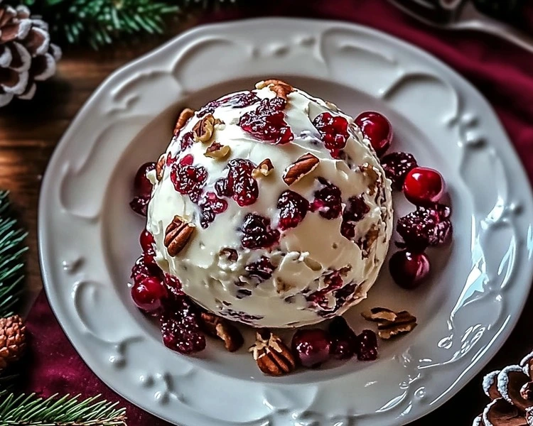 Cranberry Pecan Cream Cheese Ball Recipe 4 festive holiday table setting featuring the Cranberry Pecan Cream Cheese Ball as the centerpiece, surrounded by seasonal decorations like pinecones and holly.webp