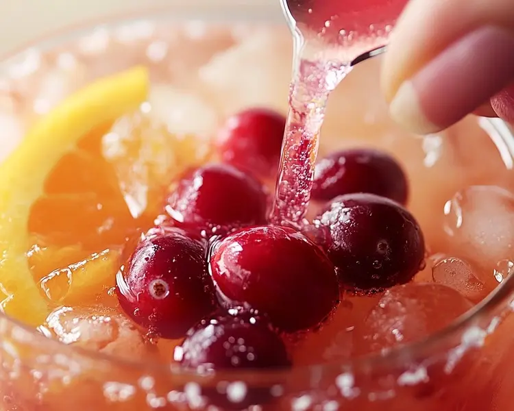 Easy Sparkling Cranberry Mocktail With Ginger & Orange 3 A close-up shot of ginger simple syrup being poured into the glass, followed by a swirl of cranberry and orange juice