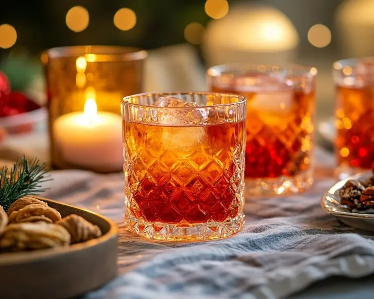 Easy Sparkling Cranberry Mocktail With Ginger & Orange 4 A table setting with multiple glasses of the mocktail, arranged on a cozy holiday-themed tablecloth