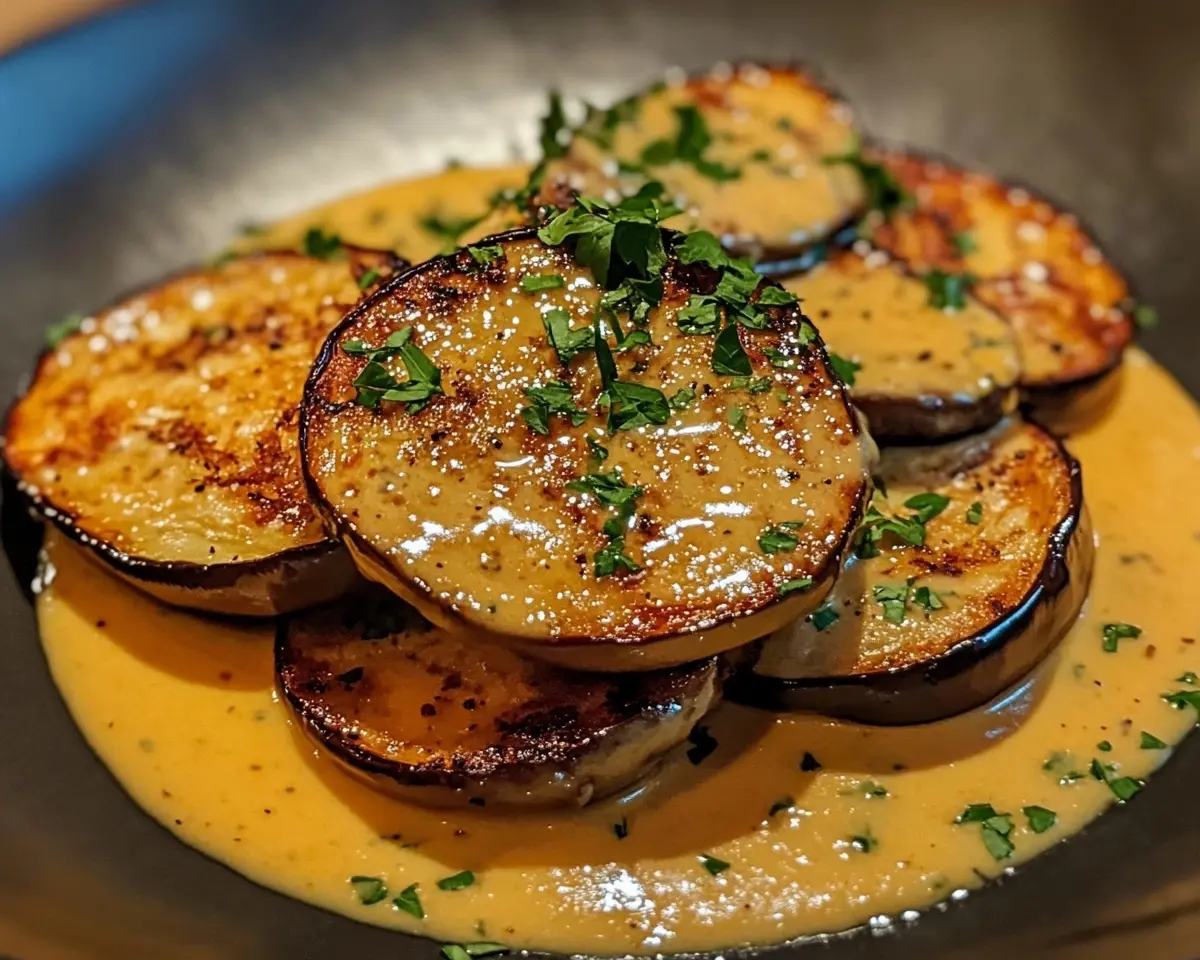 Eggplant Francaise 1 Crispy Eggplant Francaise Plated with Lemon-Butter Sauce