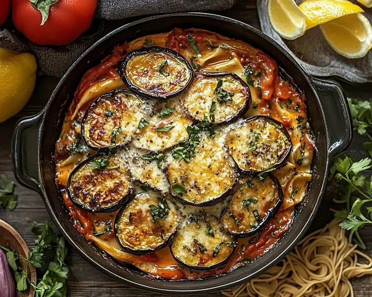 Eggplant Francaise 2 Family-Style Eggplant Francaise on a Serving Dish