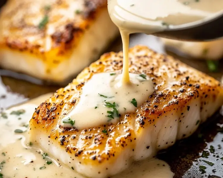 Golden Seared Cod Recipe with Herb Butter Sauce 3 Herb Butter Sauce Drizzling Over Cod