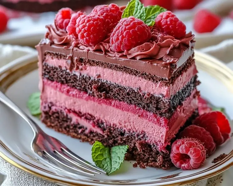 Heavenly Raspberry Chocolate Mousse Cake 2 Slice of Cake on a Plate with Fresh Raspberries