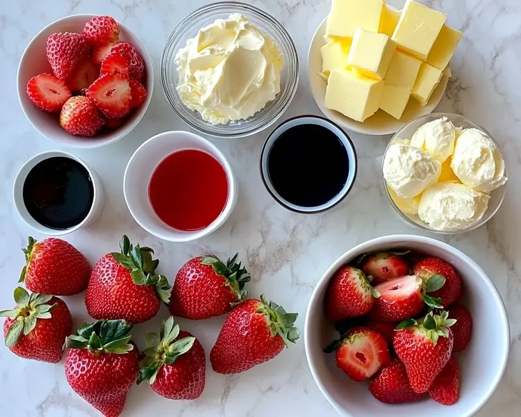 Strawberry Cheesecake Dump Cake Recipe: So Easy 2 all the ingredients laid out neatly fresh strawberries, cream cheese, yellow cake mix, butter, sugar, and vanilla extract