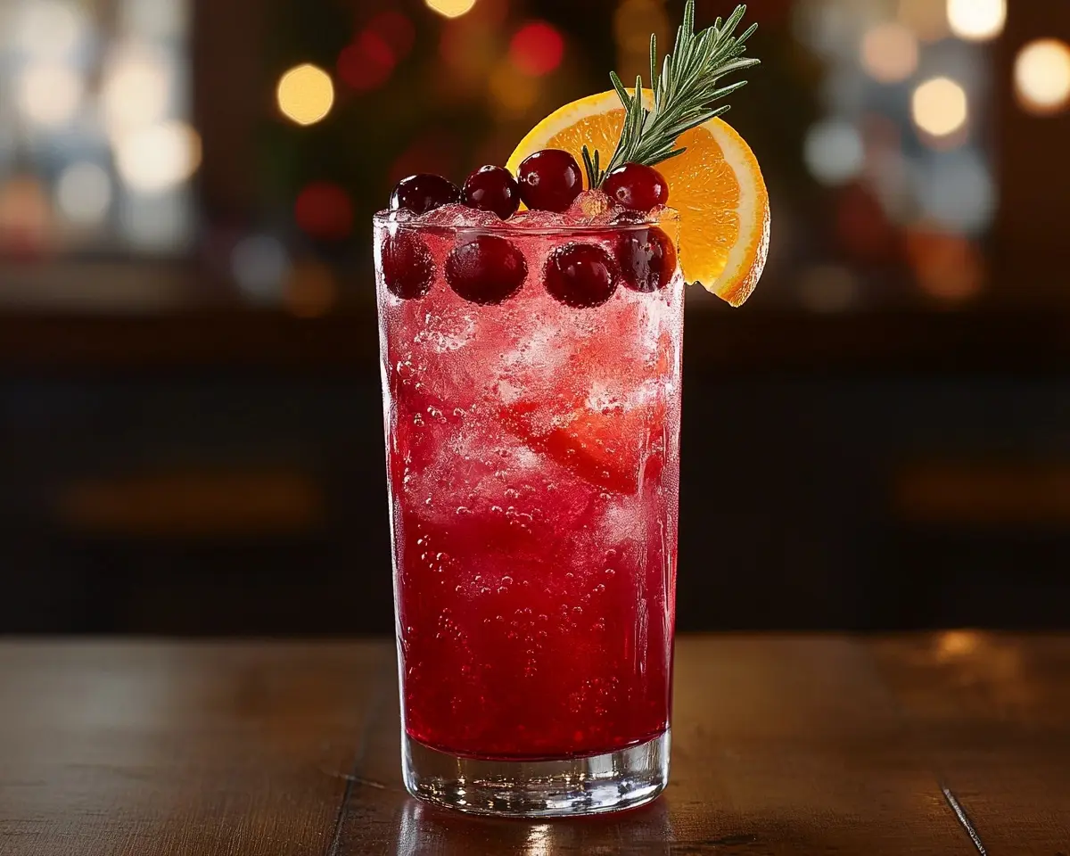 Easy Sparkling Cranberry Mocktail With Ginger & Orange 1 tall glass filled with the Sparkling Cranberry Mocktail with Ginger & Orange