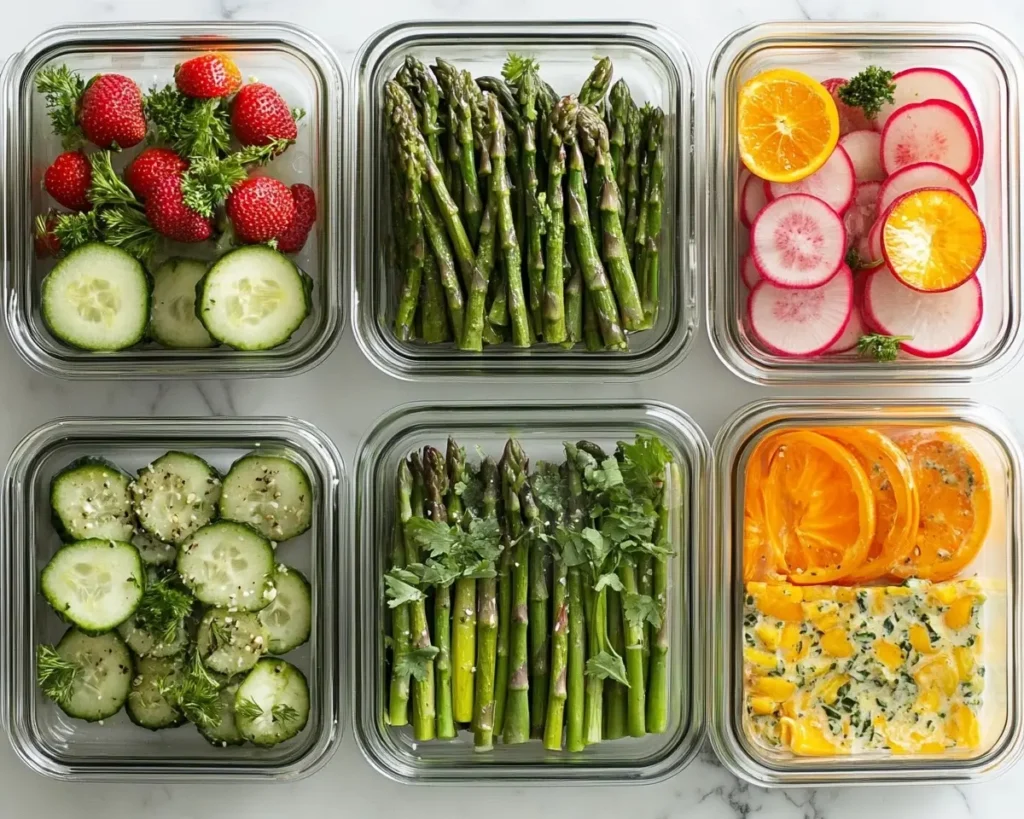 Colorful spring recipes arranged in meal prep containers with fresh seasonal ingredients