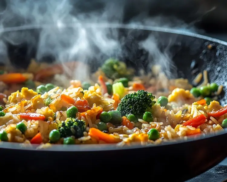 Ultimate Budget Meal Prep Shopping Guide 3 affordable meal planning of Veggie-Packed Fried Rice in a wok