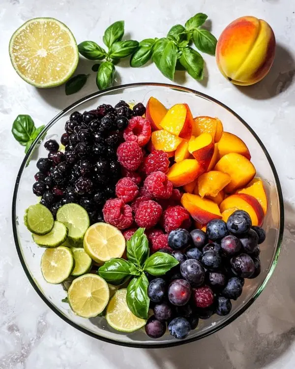 Honey Lime Basil Peach Fruit Salad Recipe 2 All the ingredients for Honey Lime Basil Peach Fruit Salad