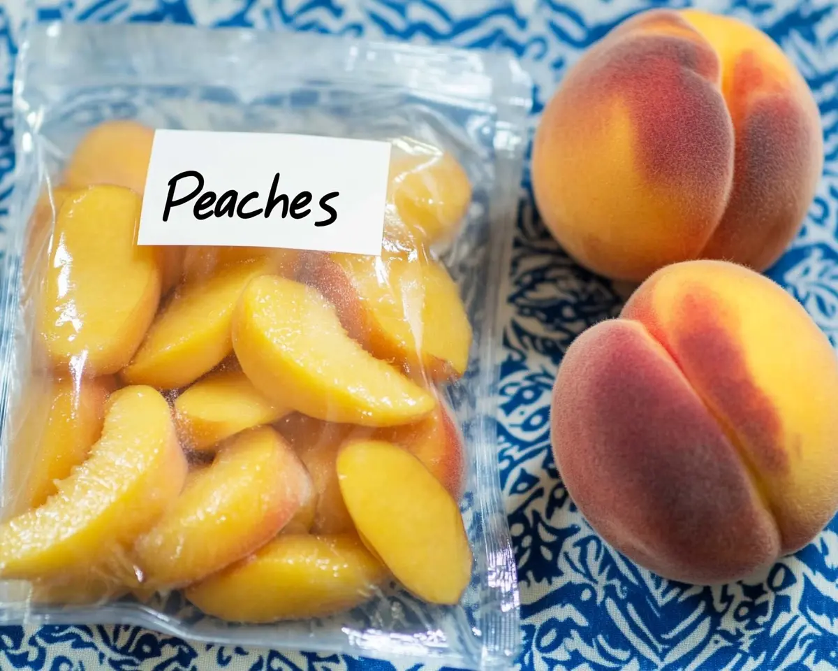 Fresh Georgia peaches on kitchen counter next to freezer bags of sliced frozen peaches ready for storage
