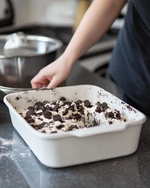 No Bake Fireworks Oreo Cheesecake Bars 3 the preparation of No Bake Fireworks Oreo Cheesecake Bars