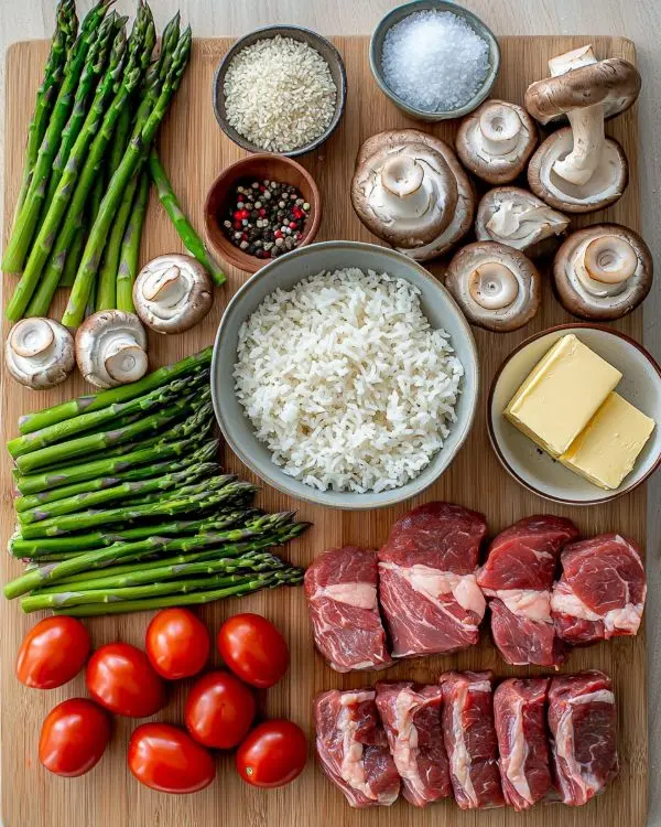 Rice Bowl with Steak, Roasted Tomatoes & Asparagus Recipe 2 Ingredient - Rice Bowl with Steak, Roasted Tomatoes & Asparagus, and Caramelized Mushrooms & Onions