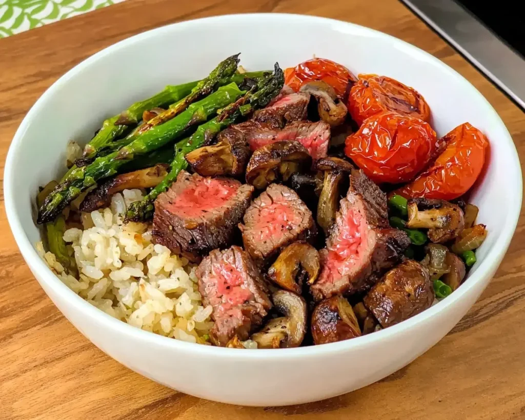Rice Bowl with Steak Roasted Tomatoes Asparagus and Caramelized Mushrooms Onions
