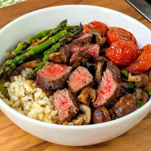 Rice Bowl with Steak, Roasted Tomatoes & Asparagus Recipe 5 Rice Bowl with Steak Roasted Tomatoes Asparagus and Caramelized Mushrooms Onions