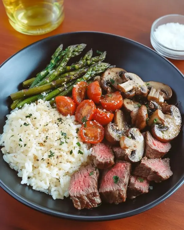 Rice Bowl with Steak, Roasted Tomatoes & Asparagus Recipe 4 Rice Bowl with Steak, Roasted Tomatoes & Asparagus, and Caramelized Mushrooms & Onions recipe