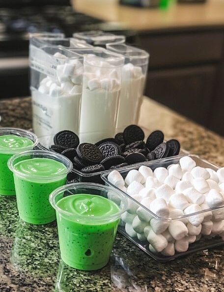 Spooky Frankenstein Pudding Cups 2 Main ingredients for Halloween Cups
