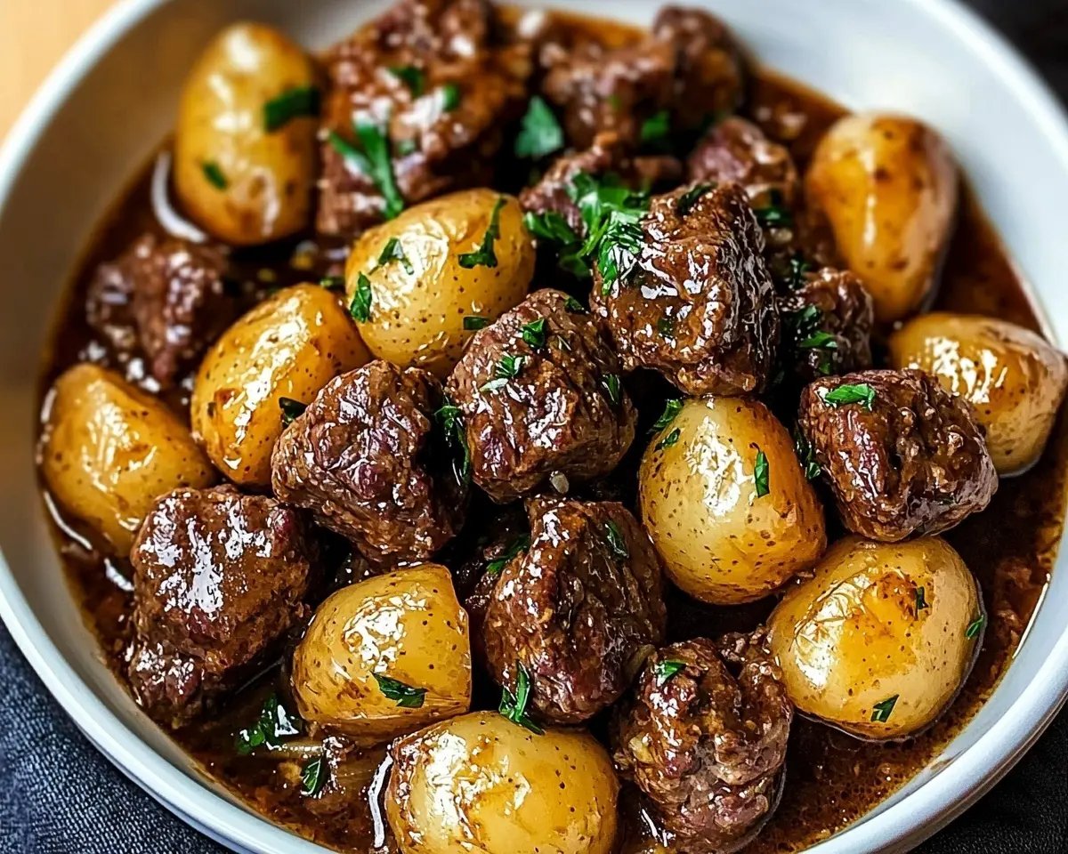 Slow Cooker Garlic Butter Beef Bites & Potatoes