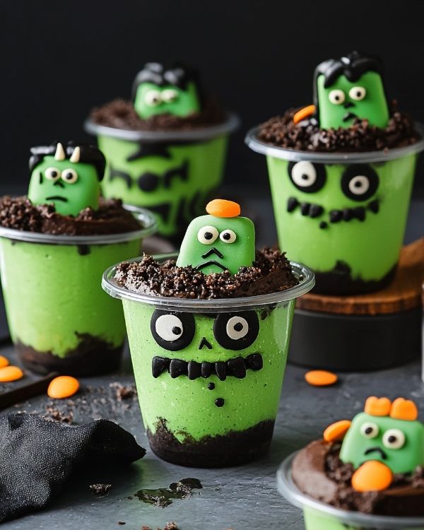 Spooky Frankenstein Pudding Cups 4 Spooky Frankenstein Pudding Cups recipe