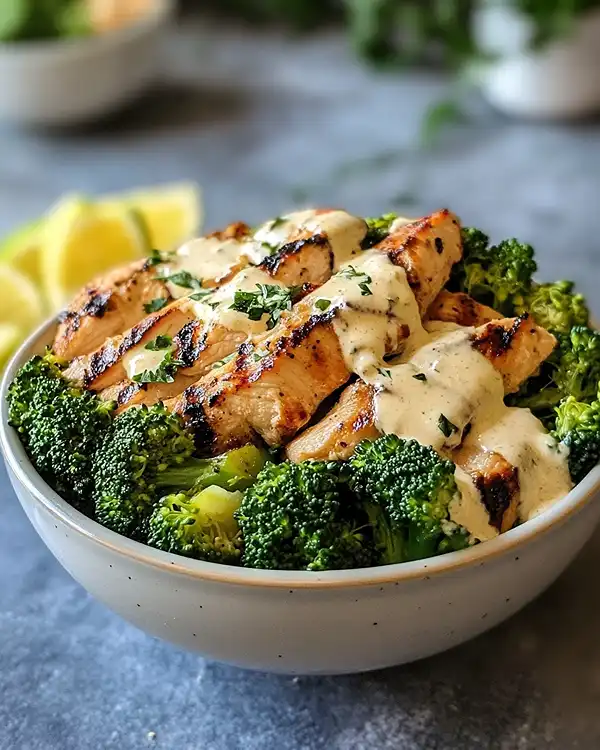 Grilled Chicken And Broccoli Bowl With Creamy Garlic