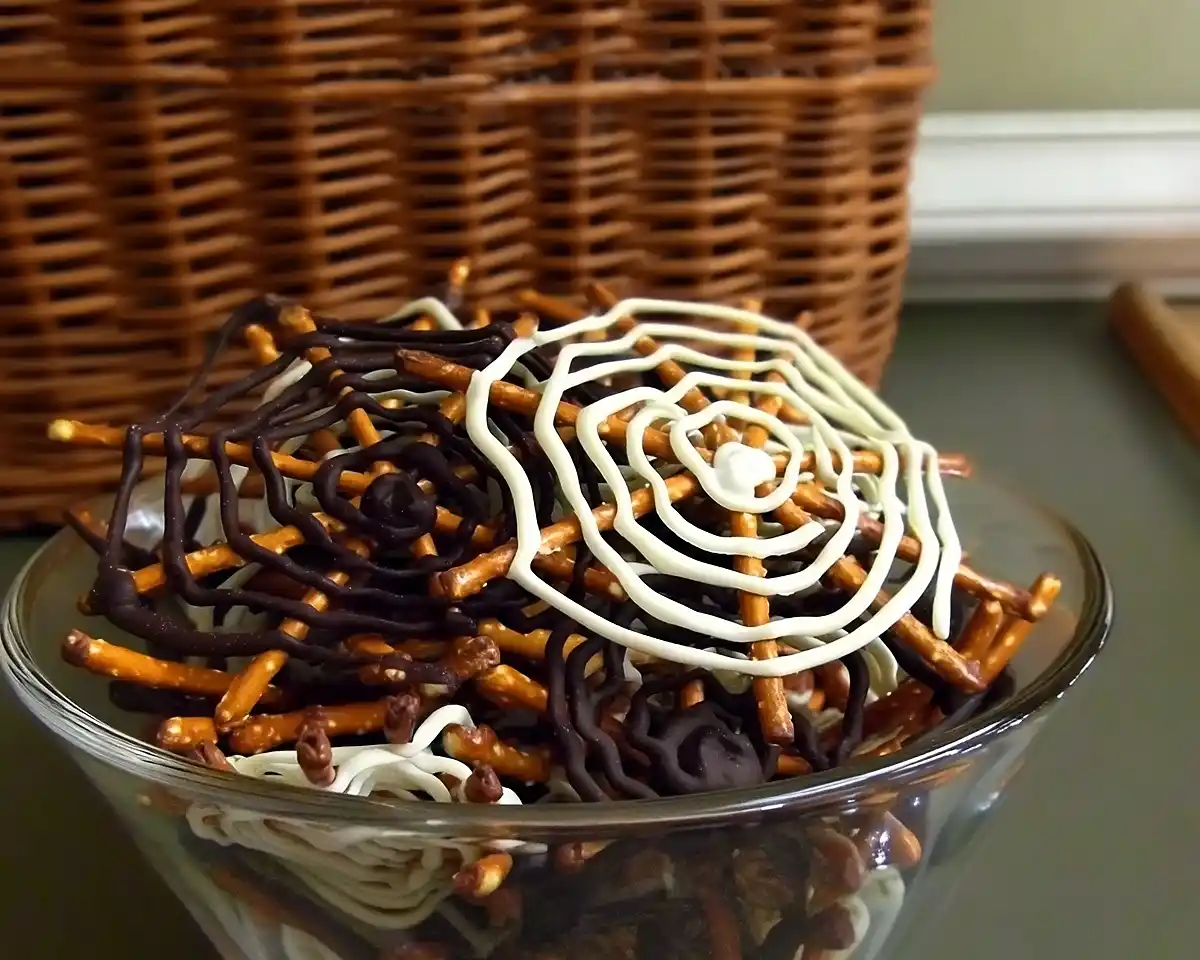 Halloween Chocolate Pretzel Spider Web