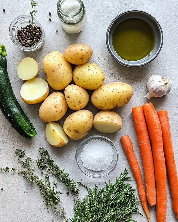 Garlic Herb Roasted Potatoes, Carrots, and Zucchini 2 Main ingredients for Garlic Herb Roasted Potatoes, Carrots, and Zucchini