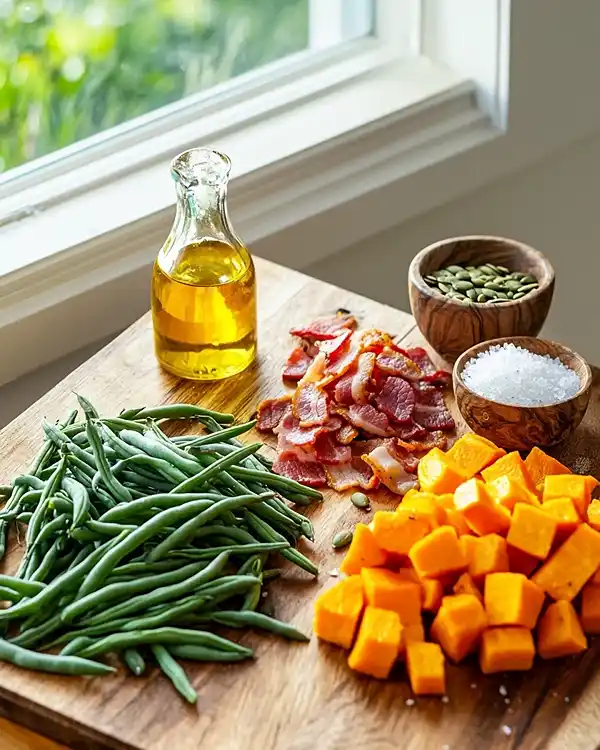 Thanksgiving Roasted Veggies with Crispy Bacon and Seeds 2 Main ingredients for Roasted Green Beans and Butternut Squash