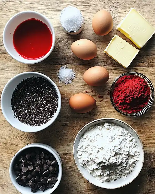 Main ingredients for Red Velvet Thumbprint Cookies