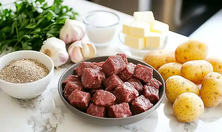Main ingredients for Slow Cooker Garlic Butter Beef Bites with Potatoes