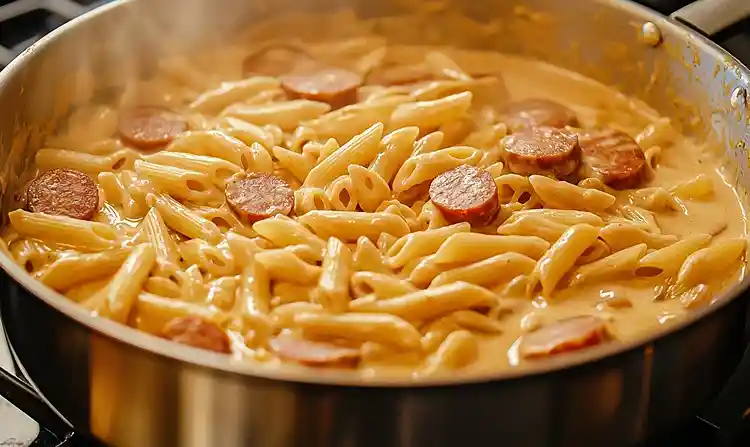 Preparing One Pot Creamy Kielbasa Pasta