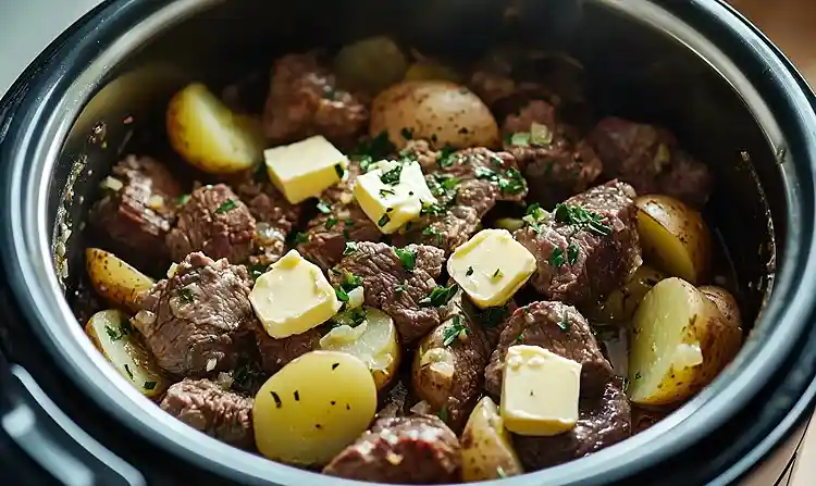 Preparing arlic Butter Beef Bites with Potatoe Recipe For Slow Cookers