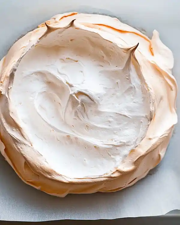 Preparing meringue dessert with whipped cream and fruit