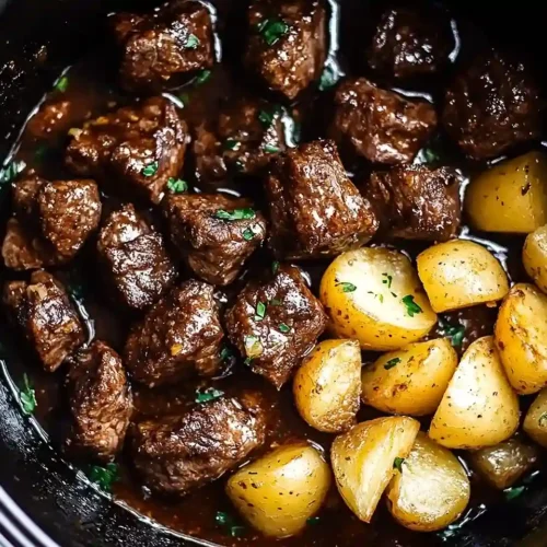 Slow Cooker Garlic Butter Beef Bites with Potatoes