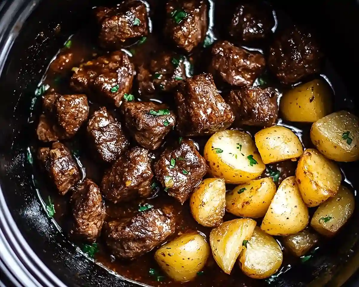 Slow Cooker Garlic Butter Beef Bites with Potatoes