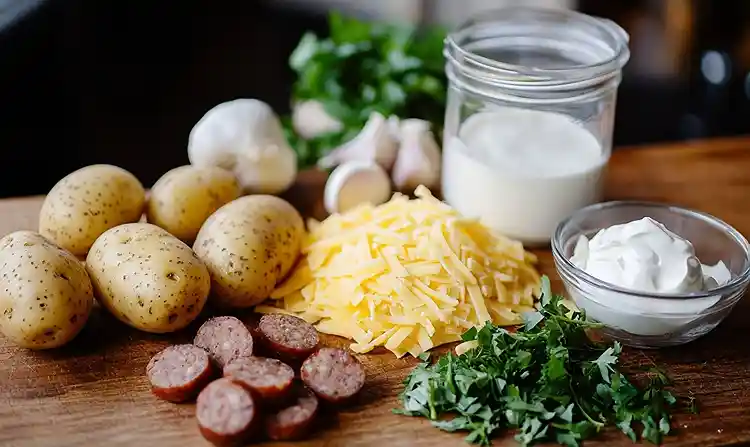 Cheesy Ranch Potatoes and Smoked Sausage 4 main ingredients for Cheesy Ranch Potatoes and