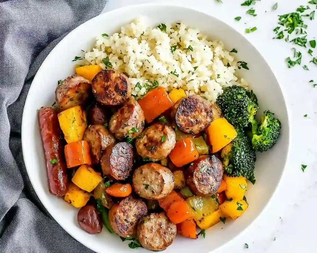 10 Minute Air Fryer Chicken Sausage and Veggies