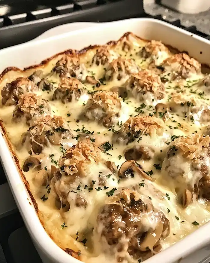 5-Ingredient Mushroom Swiss Meatball Bake