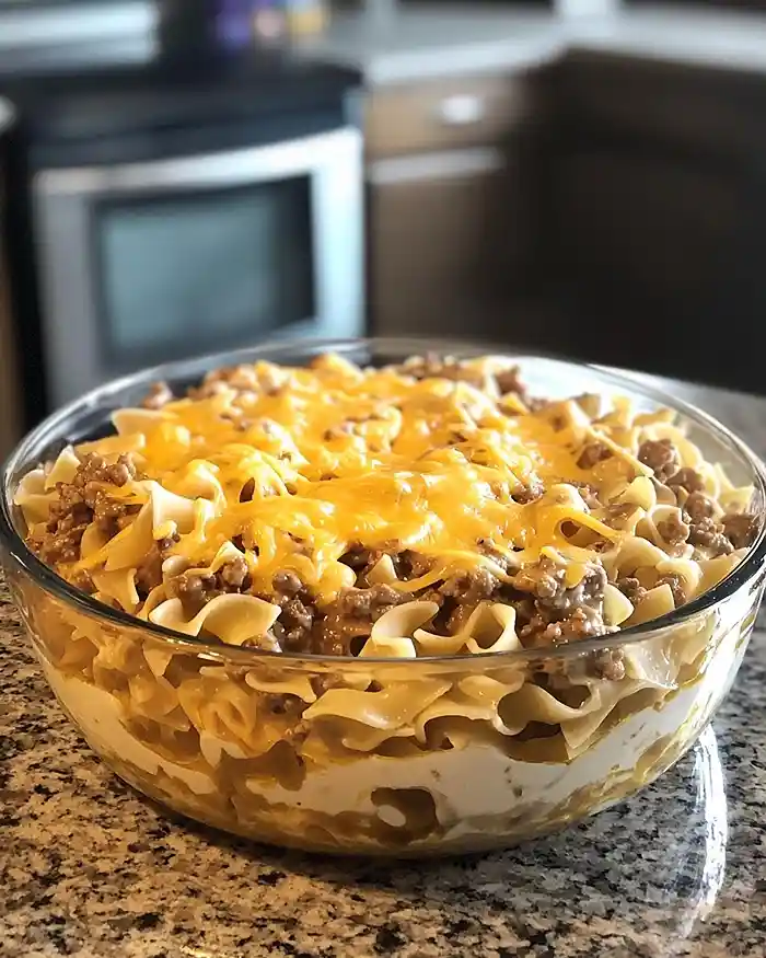 Cheesy Sour Cream Beef Noodle Casserole