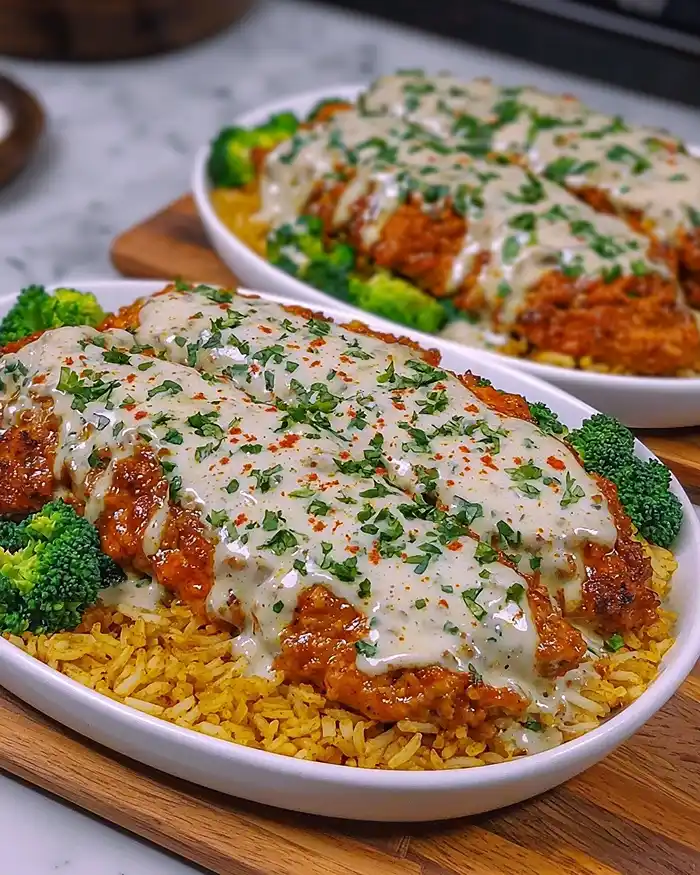 Creamy Cajun Chicken with Garlic Rice on table