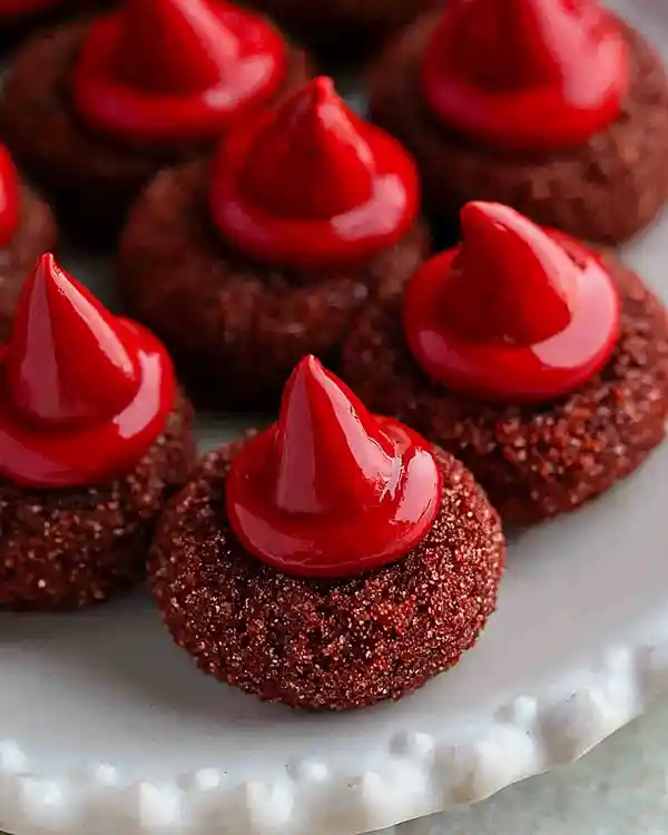 Red Velvet Blossoms Cookies 2 Hershey Kiss Thumbprint Cookies