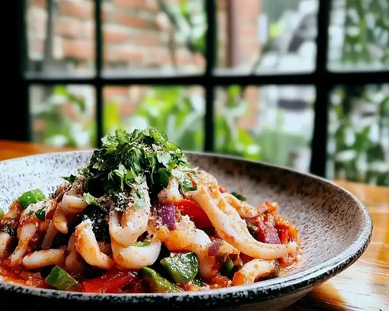 High Protein Low Carb Garlic Squid on table