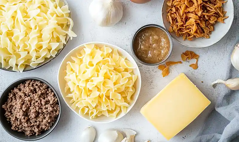 Ingredients for Cheesy French Onion Noodle Bake