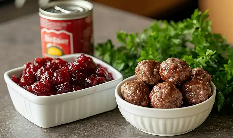 3-Ingredient Crockpot Cranberry BBQ Meatballs 4 Main ingredients for 3-Ingredient Crockpot Cranberry BBQ Meatballs