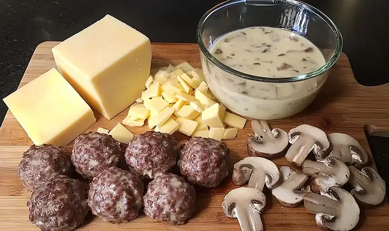 Main ingredients for 5-Ingredient Mushroom Swiss Meatball Bake