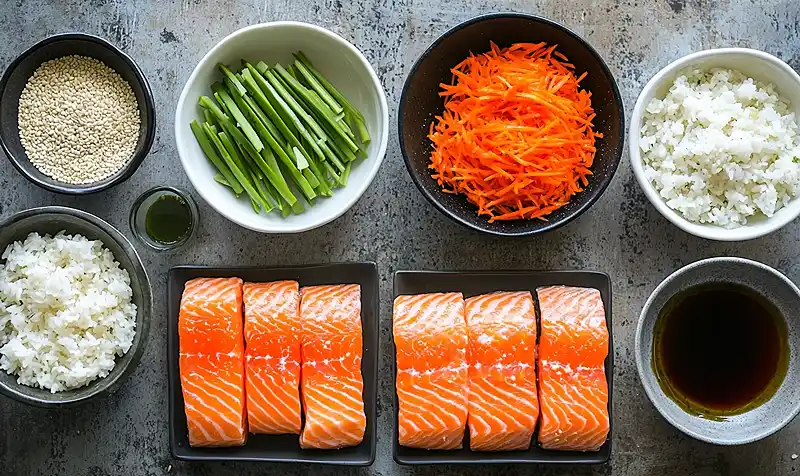 Bang Bang Salmon Bites Bowls 4 Main ingredients for Bang Bang Salmon Bites Bowls